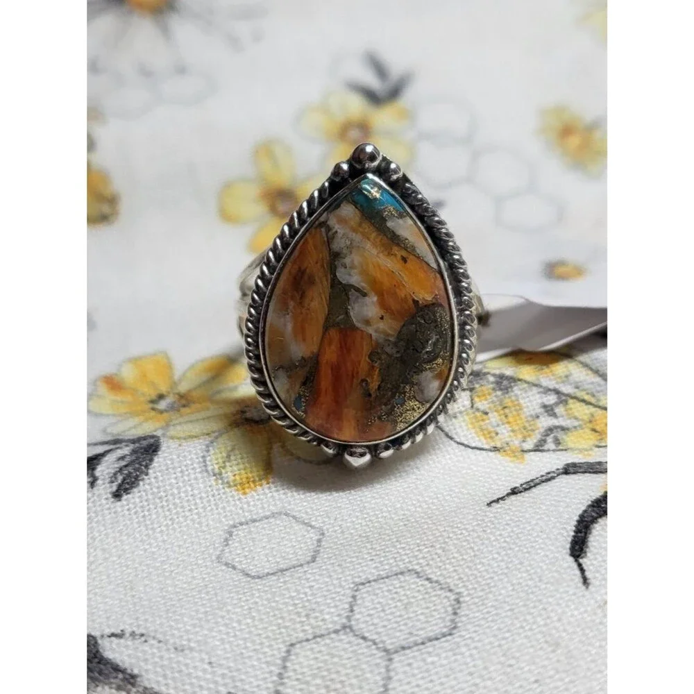 Sterling Silver Spiny Oyster Copper Turquoise Ring